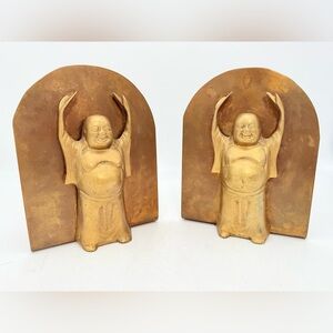 Pair Vintage Brass Laughing Buddha Bookends | Raised Hands Figurines